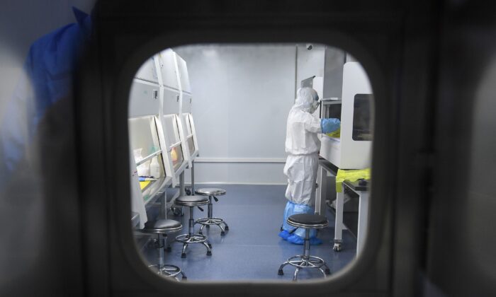Một kỹ thuật viên phòng thí nghiệm làm việc trên mẫu của những người được xét nghiệm virus corona mới ở Vũ Hán thuộc tỉnh Hồ Bắc, miền trung Trung Quốc ngày 06/02/2020. (Ảnh: STR/AFP qua Getty Images)