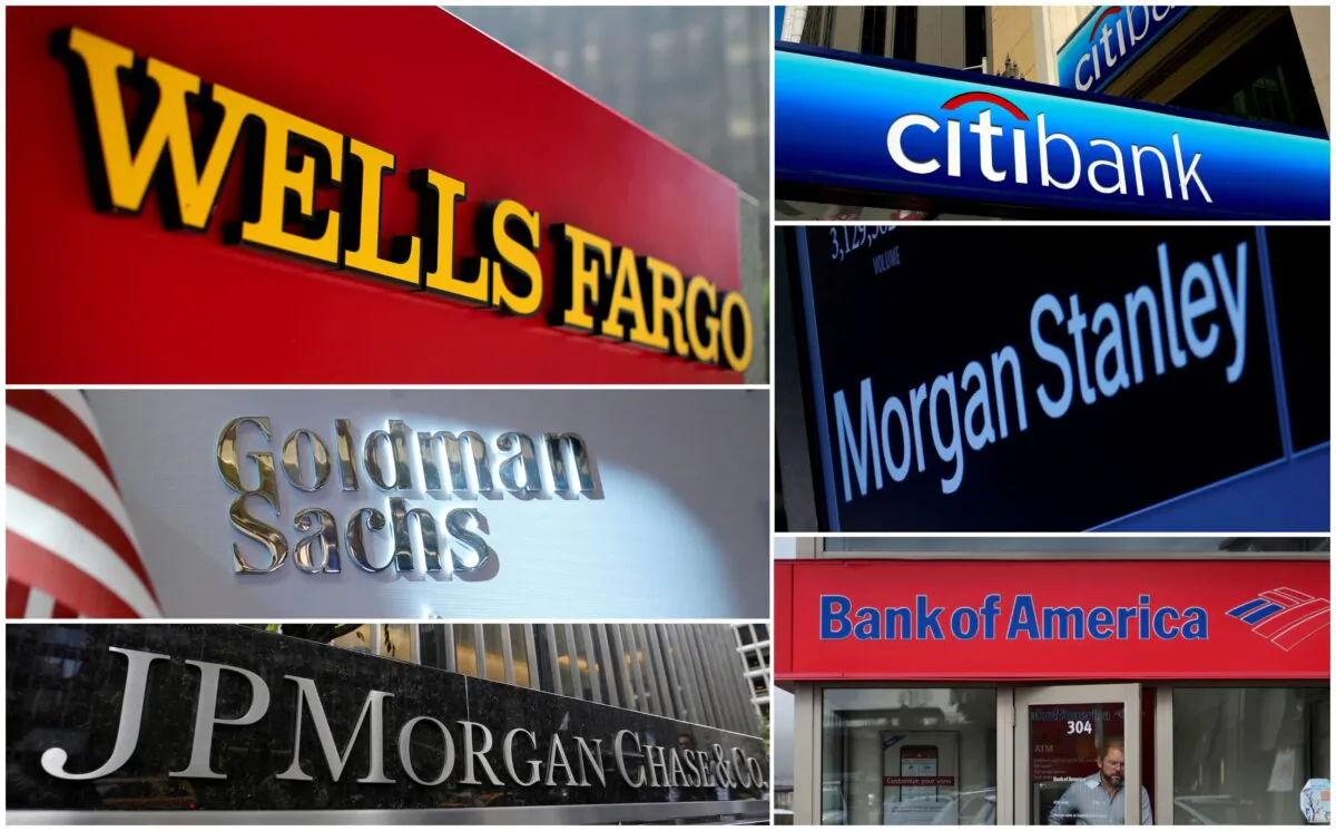 Ảnh ghép cho thấy biển hiệu của các ngân hàng Wells Fargo, Citibank, Morgan Stanley, JPMorgan Chase, Bank of America, và Goldman Sachs. (Ảnh: Reuters)