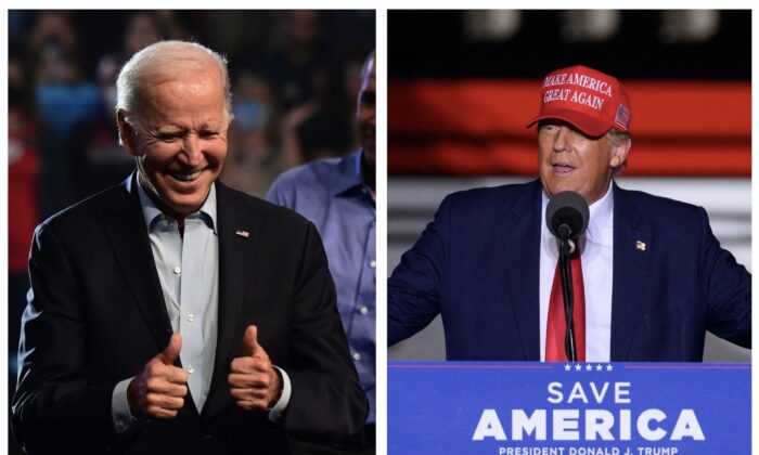 (Trái) Tổng thống Joe Biden tại một cuộc vận động ủng hộ ông John Fetterman và ông Josh Shapiro ở Philadelphia hôm 05/11/2022. (Ảnh: Mark Makela/Getty Images); (Phải) Cựu Tổng thống Donald Trump tại một cuộc vận động cho ông Mehmet Oz và ông Doug Mastriano ở Latrobe, Pennsylvania, hôm 05/11/2022. (Ảnh: Angela Weiss/AFP via Getty Images)