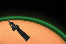 Tàu Thăm dò Quỹ đạo Sao Hỏa ExoMars của Cơ quan Vũ trụ Châu Âu phát hiện ra ánh sáng xanh phía trên bầu khí quyển Sao Hỏa. (Ảnh: ESA)