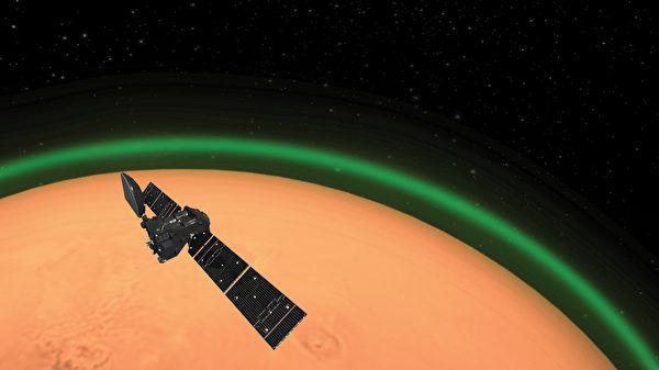 Tàu Thăm dò Quỹ đạo Sao Hỏa ExoMars của Cơ quan Vũ trụ Châu Âu phát hiện ra ánh sáng xanh phía trên bầu khí quyển Sao Hỏa. (Ảnh: ESA)