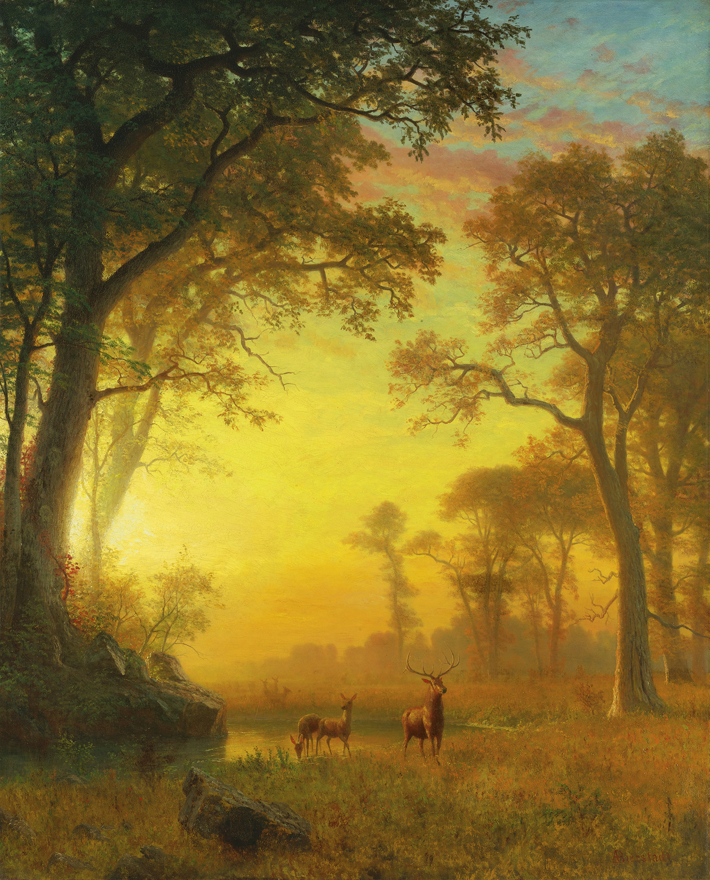 Bức tranh “Light in the Forest” (Ánh Sáng trong Khu Rừng), những năm 1870, của họa sỹ Albert Bierstadt. Sơn dầu trên vải canvas; 51.9 inch x 42.1 inch (132cm x 107cm). Bộ sưu tập tư nhân. (Ảnh: Tư liệu công cộng)