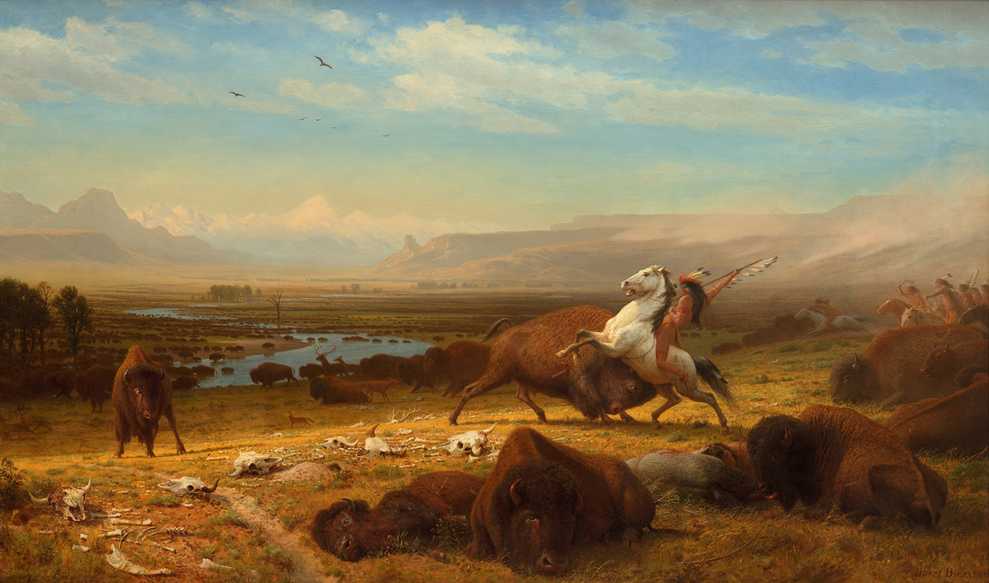 Cùng với việc loài bò rừng đang ở trên bờ vực tuyệt chủng do quá trình mở rộng về miền Tây, họa sỹ Bierstadt “đã biểu đạt tài tình viễn cảnh về các vấn đề đương đại.” Bức tranh “The Last of the Buffalo” (Chú Bò Rừng Cuối Cùng), năm 1888, của họa sỹ Albert Bierstadt. Sơn dầu trên vải canvas; 71 inch x 118.75 inch (180cm x 302cm. Phòng Trưng bày Nghệ thuật Quốc gia, Hoa Thịnh Đốn. (Ảnh: Tư liệu công cộng)