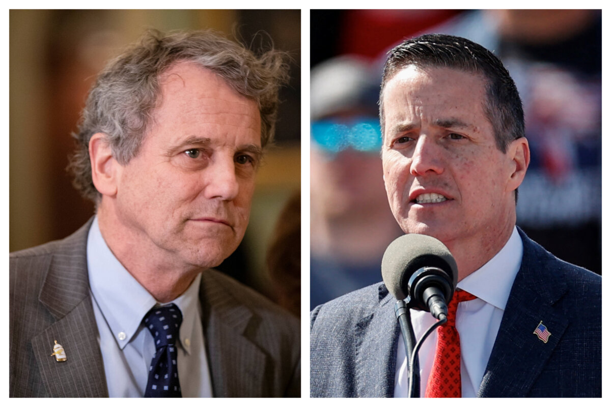 (Bên trái) Thượng nghị sĩ Sherrod Brown (Dân Chủ-Ohio). (Bên phải) Ứng cử viên Thượng viện Hoa Kỳ Bernie Moreno. (Ảnh: Samuel Corum, Kamil Krzaczynski/AFP qua Getty Images)