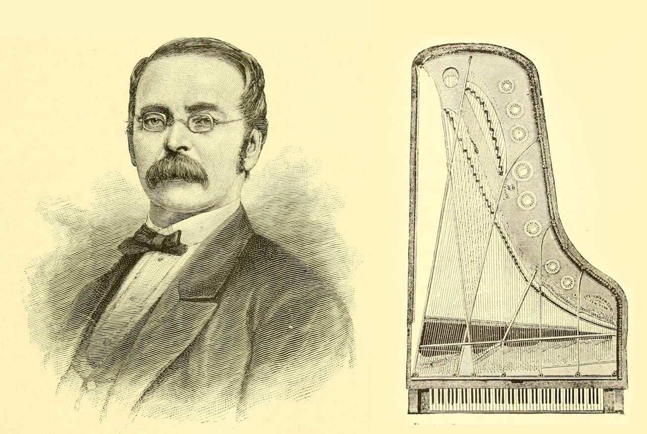 Steinway & Sons là công ty đầu tiên phát triển dây đàn chéo. Hình minh họa về ông Henry Steinway và cách sắp xếp dây đàn hình quạt trong chiếc đại dương cầm Steinway, từ “The Popular Science Monthly” (Nguyệt san Khoa học Phổ thông) năm 1891–1892. Lưu trữ Internet. (Ảnh: Tư liệu công cộng)