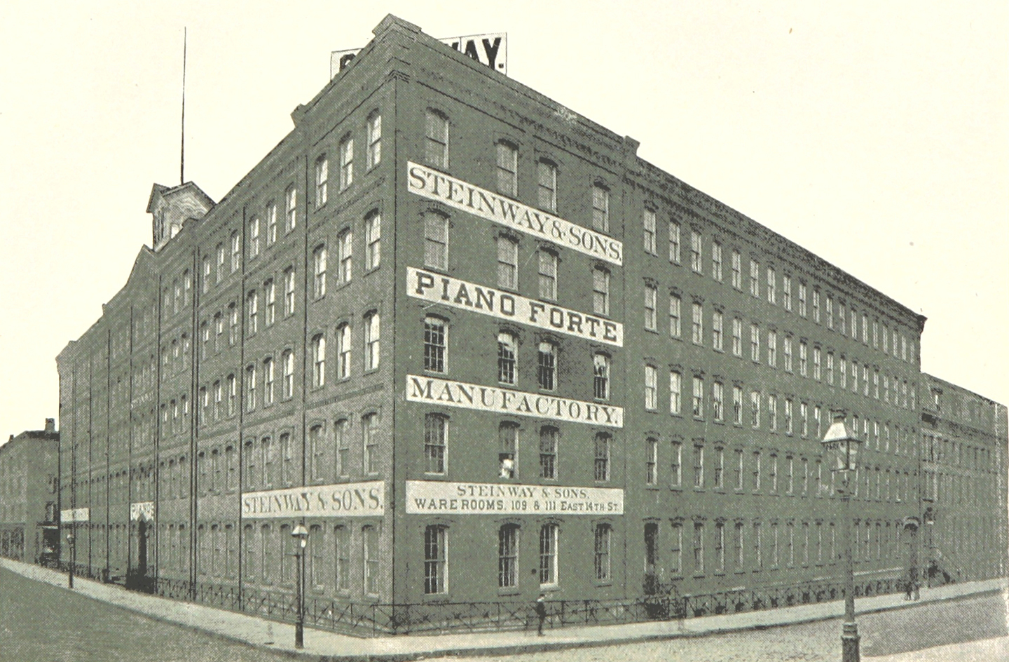 Công ty Steinway & Sons trên Đại lộ Park Ave, năm 1893, từ “King's Handbook of New York City.” (Sổ Tay Hướng Dẫn về Thành Phố New York của King). Thư viện Anh quốc. (Ảnh: Tư liệu công cộng)