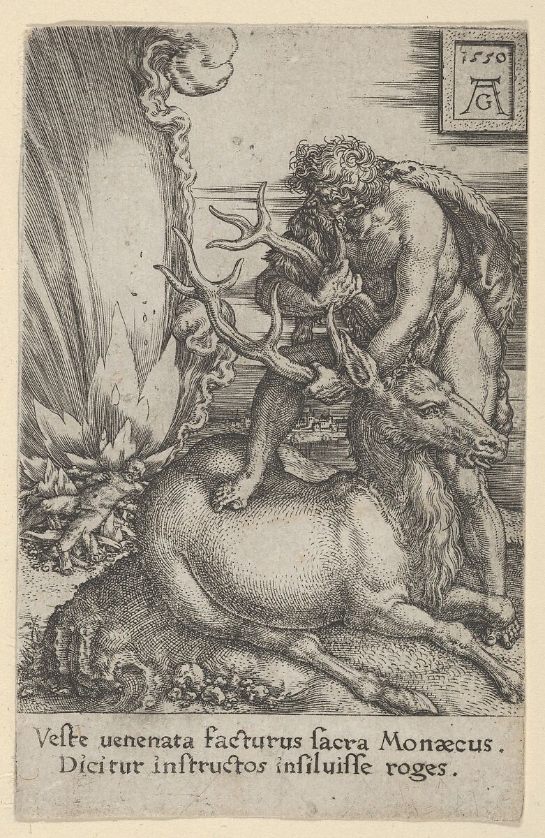 “Hercules and the Hind, From The Labors of Hercules” (Hercules và Con Hươu, từ Những Kỳ Công của Hercules) năm 1550, của họa sỹ Heinrich Aldegrever. Bản khắc, 4 1/4 x 2 11/16 inch (~10.8cm x 6.8cm). Bảo tàng Nghệ thuật Metropolitan, New York. (Ảnh: Tư liệu công cộng)
