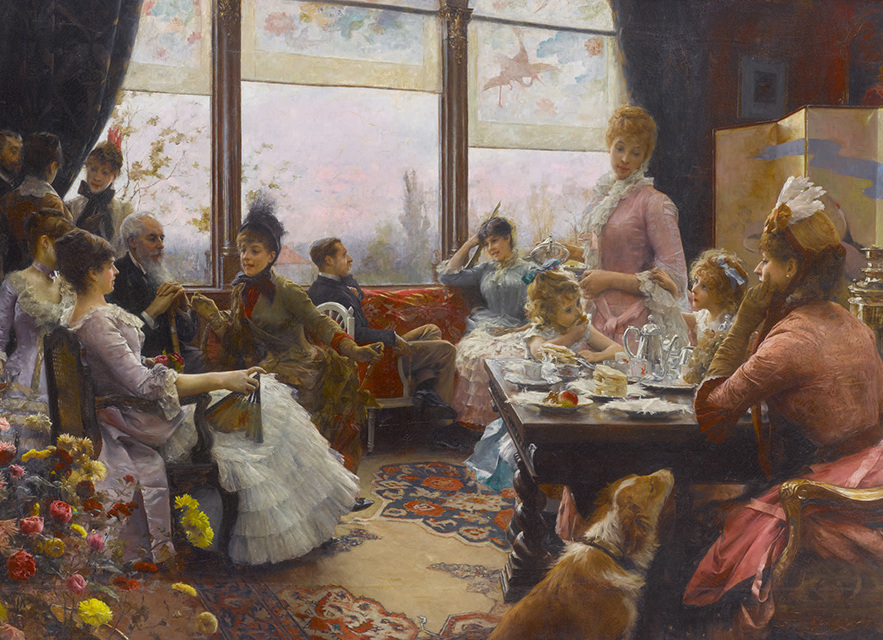 Bức tranh “Five O’Clock Tea” (Tiệc trà lúc 5 giờ), họa sỹ Julius LeBlanc Stewart, giữa năm 1883 và năm 1884. Tranh sơn dầu trên vải canvas; kích thước: 65 1/2 inch x 90 1/2 inch. Bộ sưu tập tư nhân. (Ảnh: Tư liệu công cộng)