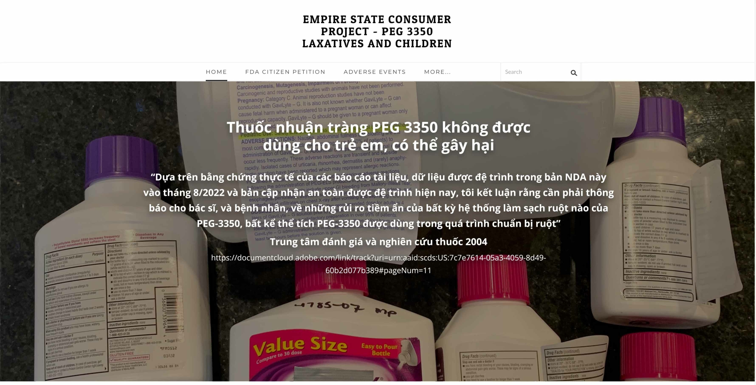 Những lo ngại về tính an toàn của thuốc nhuận tràng có hoạt chất PEG 3350 đã khiến Dự án Người tiêu dùng Empire State đệ đơn kiến nghị dành cho công dân vào năm 2012 và yêu cầu cảnh báo hộp đen đối với các sản phẩm này. (Ảnh chụp màn hình bởi The Epoch Times)