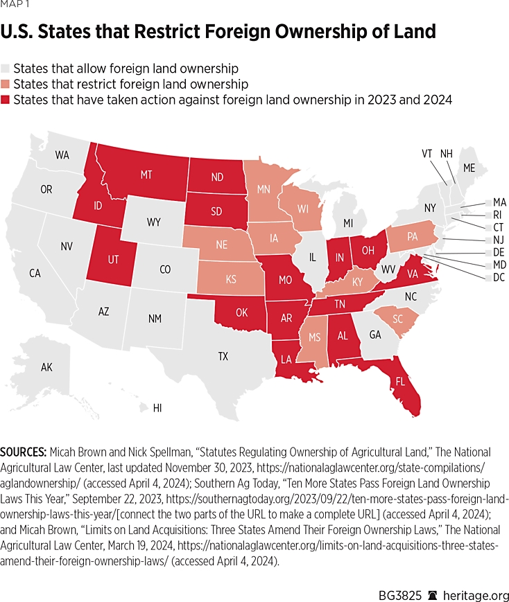 Chú thích: Màu xám—các tiểu bang cho phép ngoại quốc sở hữu đất, màu đỏ nhạt—các tiểu bang giới hạn quyền sở hữu đất của ngoại quốc, Màu đỏ—các tiểu bang hành động chống lại quyền sở hữu đất của ngoại quốc vào năm 2023 và 2024.