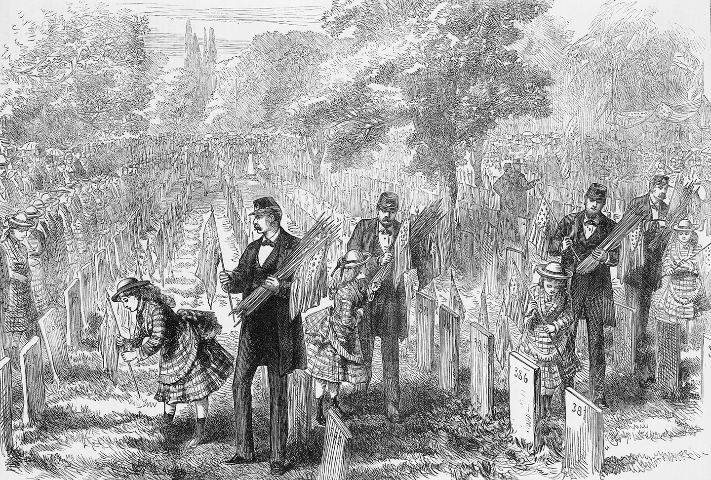 Các em bé mồ côi trang trí mộ của cha mình tại Nghĩa trang Glenwood, tiểu bang Philadelphia, vào Ngày Trang Trí năm 1876. Thư viện Quốc hội. (Ảnh: Tư liệu công cộng)