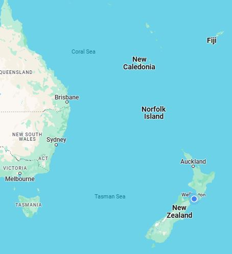 Một bản đồ thể hiện vị trí của New Caledonia ở Thái Bình Dương. (Ảnh chụp màn hình, Google Maps/Rex Widerstrom)