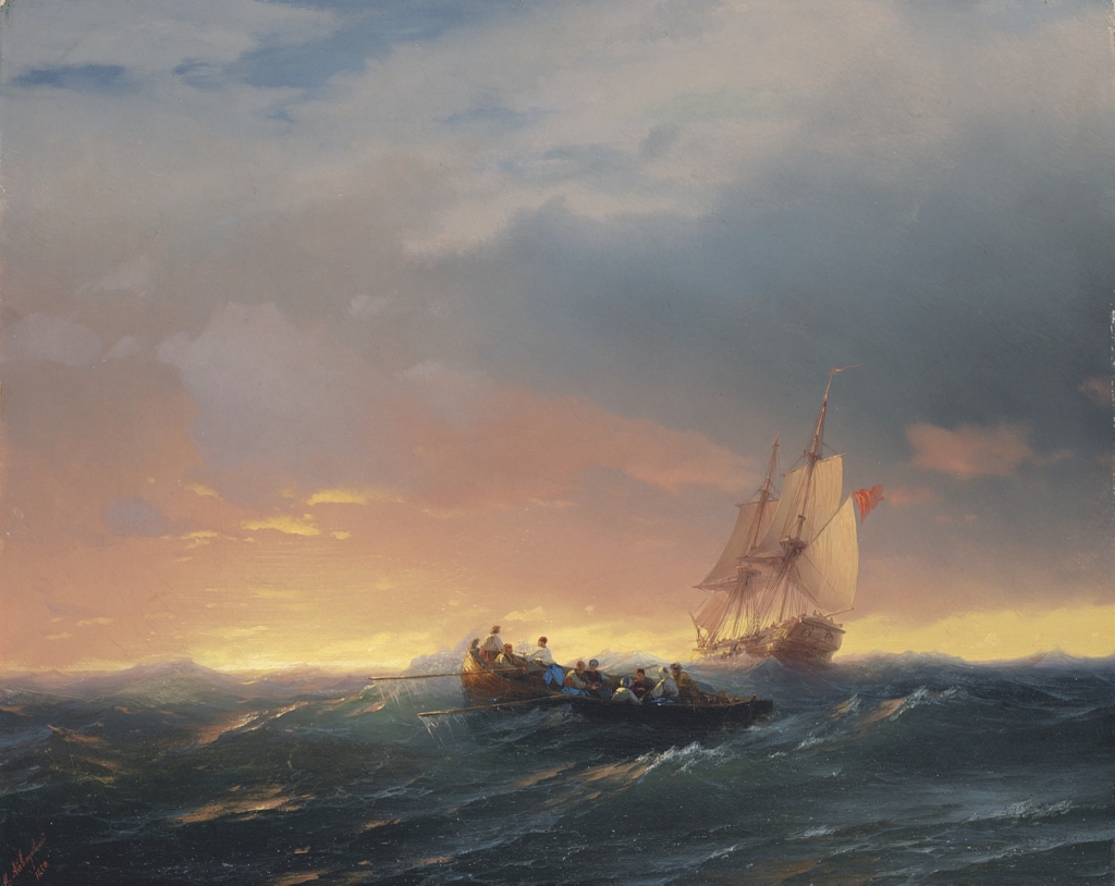 Bức tranh “Vessels in a Swell at Sunset” (Những Chiếc Tàu Lớn trong Cơn Sóng Cồn dưới Ánh Hoàng Hôn), năm 1850. (Ảnh: Tư liệu công cộng)