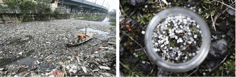 Ô nhiễm nhựa xuất hiện dưới mọi hình thức, từ bao bì và chất thải làm tắc nghẽn Kênh Buckingham ở Chennai, Ấn Độ cho đến các hạt nhựa tư các công ty hóa dầu xả rác xuống đất ở Ecaussinnes, Bỉ. (Ảnh: SATISH BABU, Kenzo TRIBOUILLARD/AFP qua Getty Images)