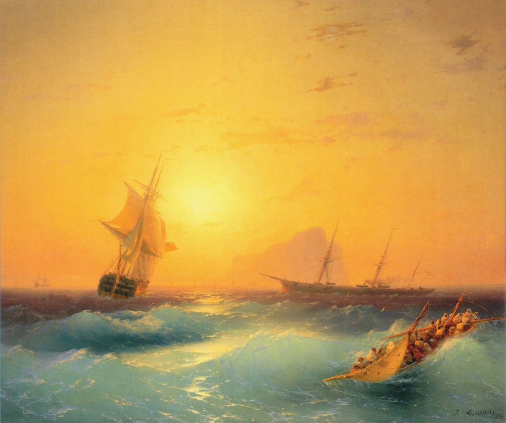 Bức tranh “American Shipping off the Rock of Gibraltar” (Tàu Thuyền Hoa Kỳ Ngoài Khơi Đảo Đá Vôi Rock Of Gibraltar), năm 1873. (Ảnh: Tư liệu công cộng)