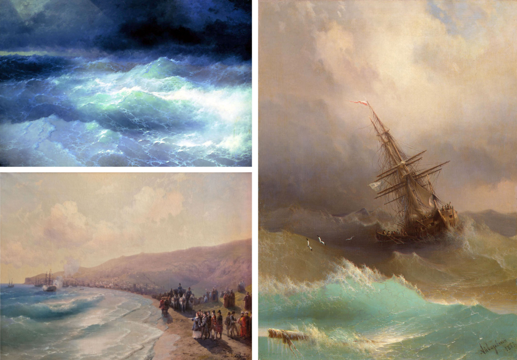 (Phía trên bên trái) Bức tranh “Among the Waves” (Giữa Những Con Sóng), năm 1898; (phía dưới bên trái) Bức tranh “Arrival of Catherine II in Feodosia” (Con Tàu Catherine II Cập Bến ở Feodosia), năm 1883; (bên phải) Bức tranh “Ship in the Stormy Sea” (Con Tàu Trong Vùng Biển Bão Tố), năm 1887. (Ảnh: Tư liệu công cộng)