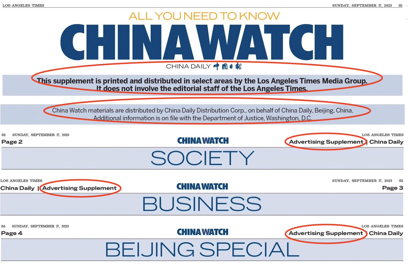 China Daily đã đăng bốn trang ChinaWatch trên tờ Los Angeles Times vào ngày 17/09/2023. Theo yêu cầu của Bộ Tư pháp, ở đầu và cuối mỗi trang báo, ngoài việc ghi chú là “quảng cáo,” còn ghi chú: “Bản bổ sung này được nhóm truyền thông của Los Angeles Times in và phân phối trong một khu vực cụ thể, và không liên quan đến biên tập viên của Los Angeles Times. Dữ liệu của ChinaWatch được phát hành bởi công ty phát hành China Daily đại diện cho China Daily tại Bắc Kinh, Trung Quốc. Nhiều thông tin hơn nữa được lưu trữ tại Bộ Tư pháp ở Hoa Thịnh Đốn, Hoa Kỳ.” (Ảnh: Màn hình trang web chính thức của Cơ quan Ghi danh FARA thuộc Bộ Tư pháp Hoa Kỳ/The Epoch Times tổng hợp)