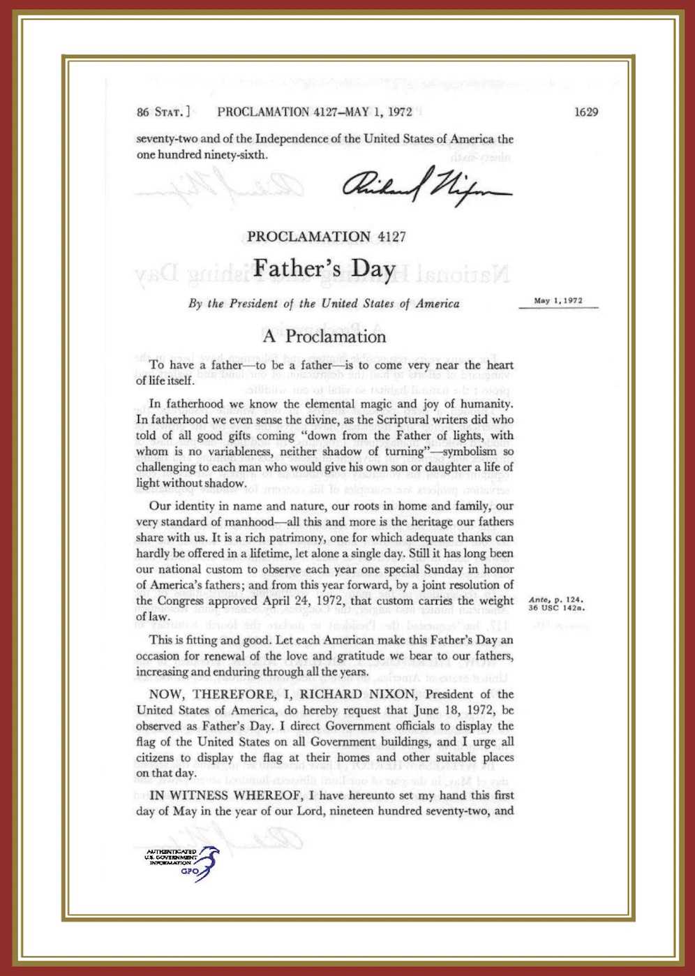 Tuyên bố do Tổng thống Richard Nixon ký, chính thức công nhận Ngày của Cha. (Ảnh: GPO)