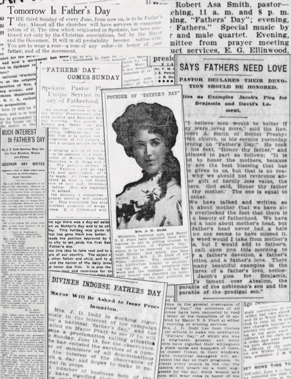 Những bài viết về chiến dịch biến Ngày của Cha thành ngày lễ chính thức được cắt từ các tờ báo ở Spokane năm 1910. (Ảnh: Tư liệu công cộng)