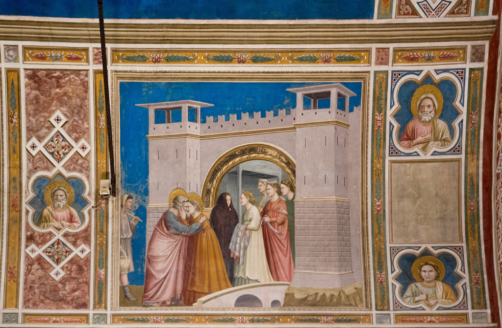 Cảnh Số 6 từ bộ tranh bích họa “Cycle of the Life of Joachim” (Cuộc Đời của Thánh Joachim): “Meeting at the Golden Gate” (Gặp Gỡ tại Cổng Vàng), từ năm 1303 đến năm 1306, của danh họa Giotto. Bích họa. Nhà nguyện Scrovegni, Padua, nước Ý. (Ảnh: joergens.mi/CC BY-SA 3.0 DEED)