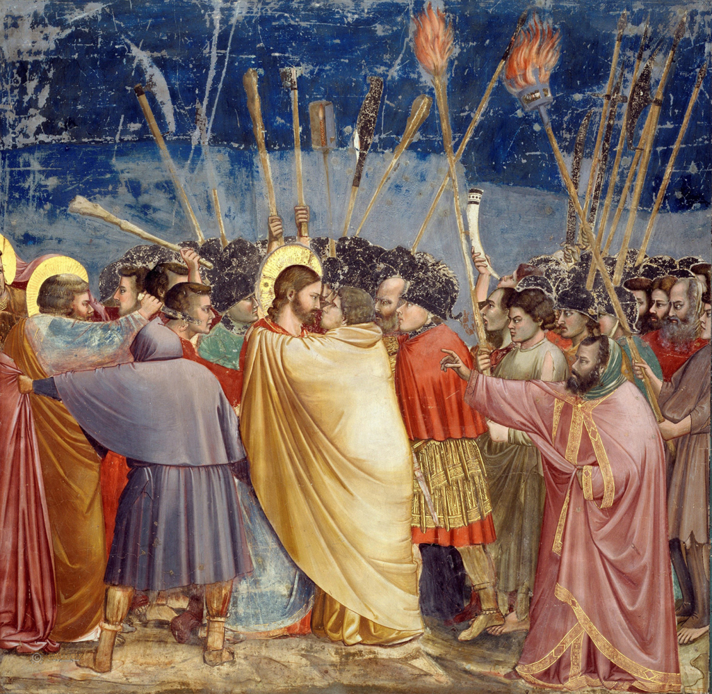 Phân cảnh “The Arrest of Christ (Kiss of Judas)” (Bắt giữ Đấng Christ (Nụ hôn của Judas)) từ bộ tranh bích họa “Cycle of the Life of Joachim” (Cuộc Đời của Thánh Joachim), từ năm 1303 đến năm 1306, của danh họa Giotto. Bích họa. Nhà nguyện Scrovegni, Padua, nước Ý. (Ảnh: Tư liệu công cộng)