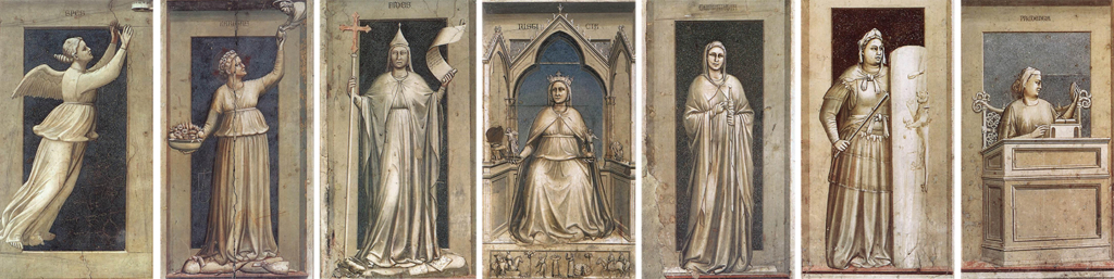Bảy Đức Hạnh (từ trái sang phải): Hy Vọng (Hope), Nhân Ái (Charity), Đức Tin (Faith), Công Bằng (Justice), Tiết Độ (Temperance), Kiên Định (Fortitude), và Cẩn Trọng (Prudence). (Ảnh: Tư liệu công cộng)