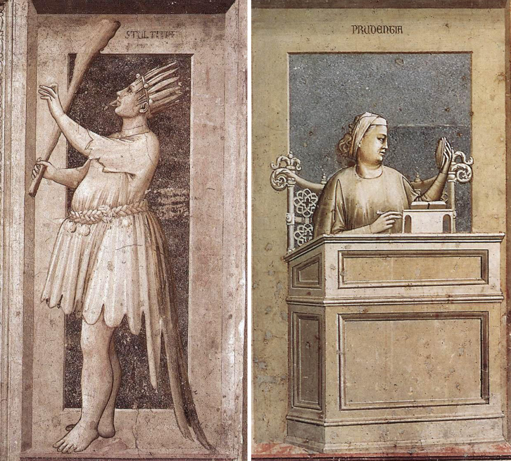Ngu Dốt (trái) và Cẩn Trọng từ các bức tranh của danh họa Giotto về 7 tội lỗi và 7 đức hạnh. (Ảnh: Tư liệu công cộng)