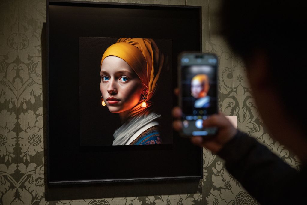 Một du khách dùng điện thoại di động để chụp một hình ảnh (giữa) được thiết kế bằng trí tuệ nhân tạo bởi nhà sáng tạo kỹ thuật số Julian van Dieken sống tại Berlin, lấy cảm hứng từ bức tranh “Cô gái đeo bông tai ngọc trai” của họa sỹ Johannes Vermeer tại bảo tàng Mauritshuis ở La Haye (The Hague), vào ngày 09/03/2023. (Ảnh: Simon Wohlfahrt/AFP qua Getty Images)