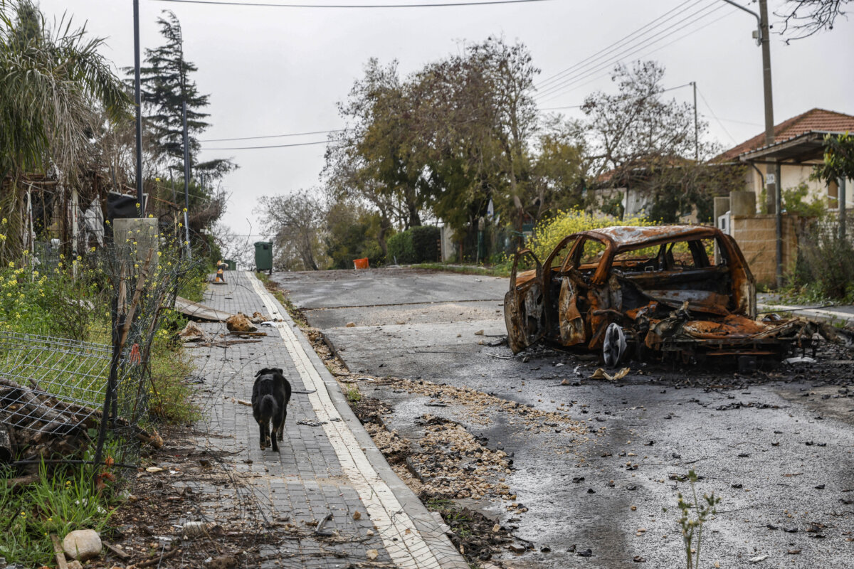 Một con chó đi ngang qua một chiếc xe hơi bị phá hủy ở thị trấn Metula hoang vắng phía bắc Israel, gần biên giới với Lebanon, hôm 19/03/2024. (Ảnh: Jalaa Marey/AFP qua Getty Images)