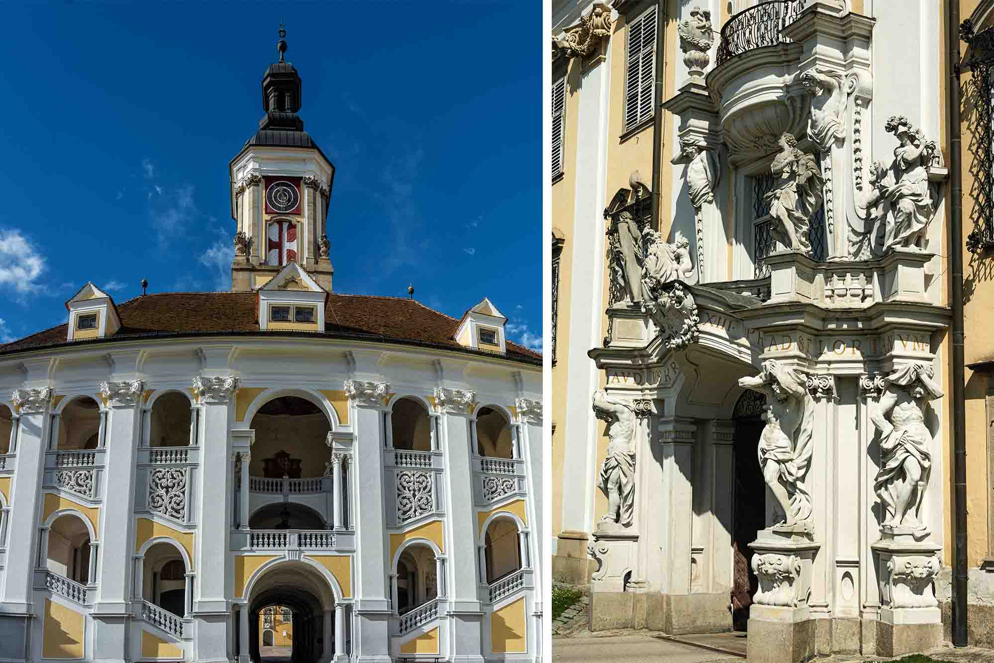Quang cảnh tháp đồng hồ và các bức tượng bên ngoài Tu viện Thánh Florian. (Ảnh: Karl Allen Lugmayer/Shutterstock)