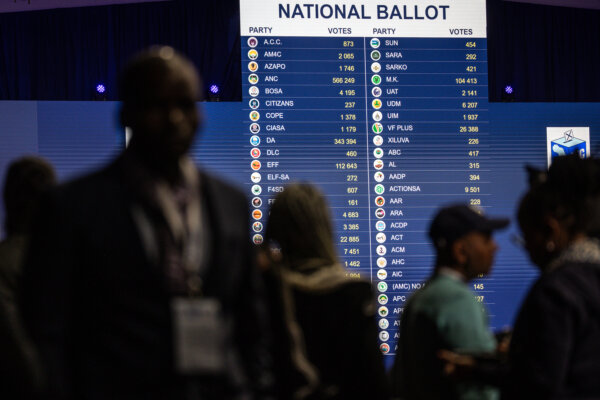 Người dân đi lại trước bảng kết quả Phiếu bầu Quốc gia hiển thị kết quả bỏ phiếu trực tiếp tại Trung tâm Kết quả Quốc gia IEC hôm 30/05/2024, tại Johannesburg. (Ảnh: Chris McGrath / Getty Images)