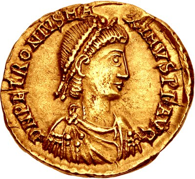 Một đồng tiền vàng ở thế kỷ thứ 5 dưới thời của Hoàng đế Petronius Maximus. (Ảnh: Tư liệu công cộng)