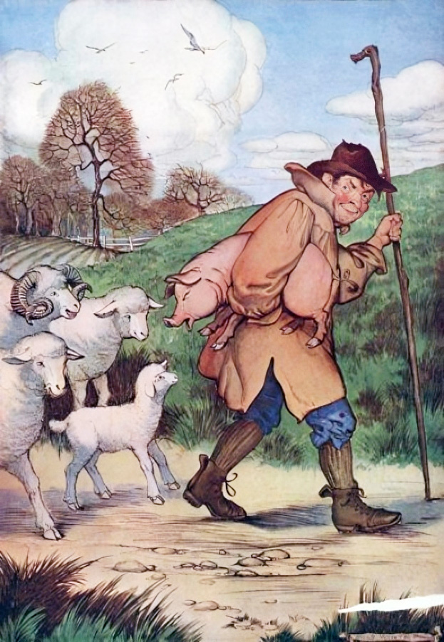 Tranh minh họa “The Sheep and the Pig” (Đàn Cừu và Chú Heo) của họa sỹ Milo Winter, từ “The Aesop for Children” (Truyện Ngụ Ngôn Aesop dành cho Trẻ Em), năm 1919. (Ảnh: PD-US)