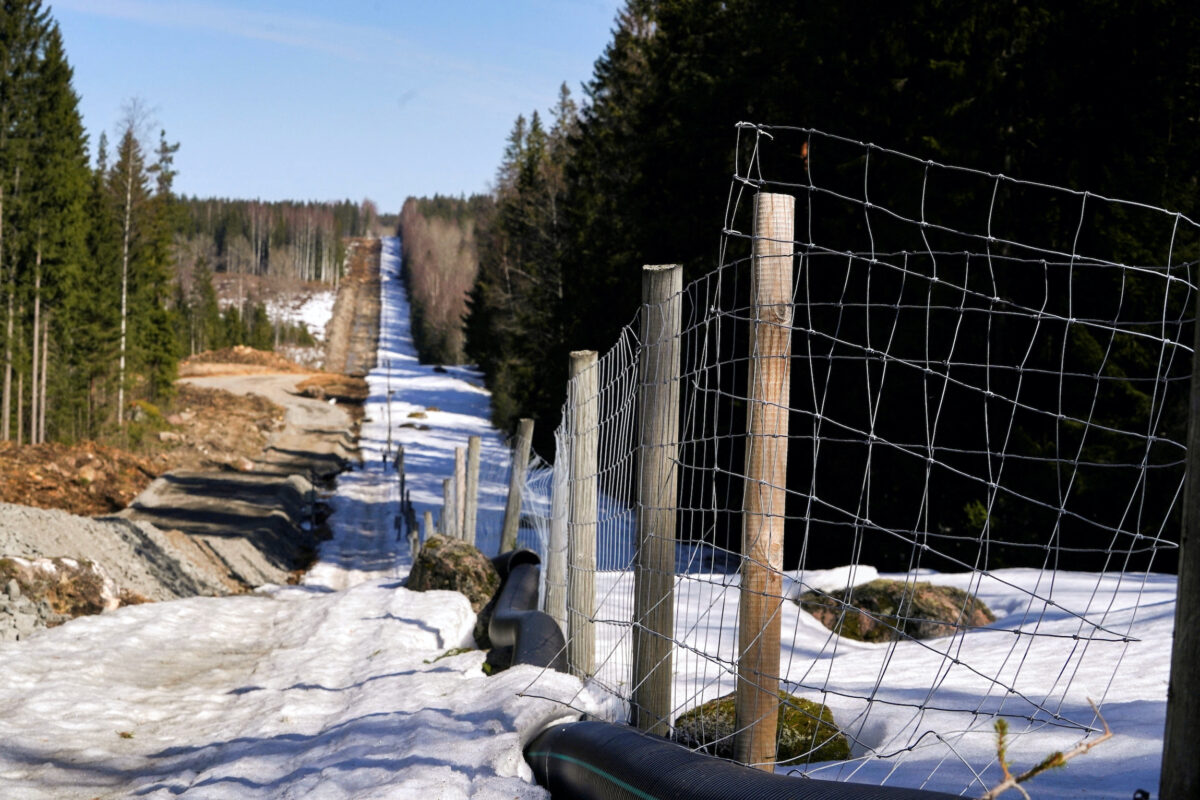 A section of the border fence between Finland and Russia in Pelkola, Finland, on April 14, 2023. (Janis Laizans/Reuters)
