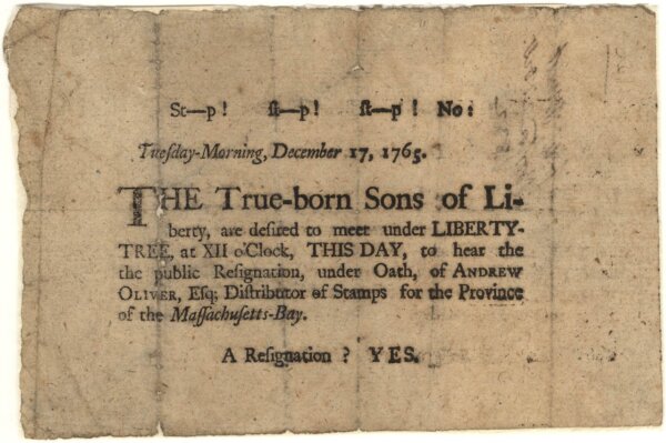 Bản thông cáo của “Những Người Con của Tự Do” (Sons of Liberty), năm 1765. Hiệp hội Lịch sử Massachusetts. (Ảnh: Tư liệu công cộng)