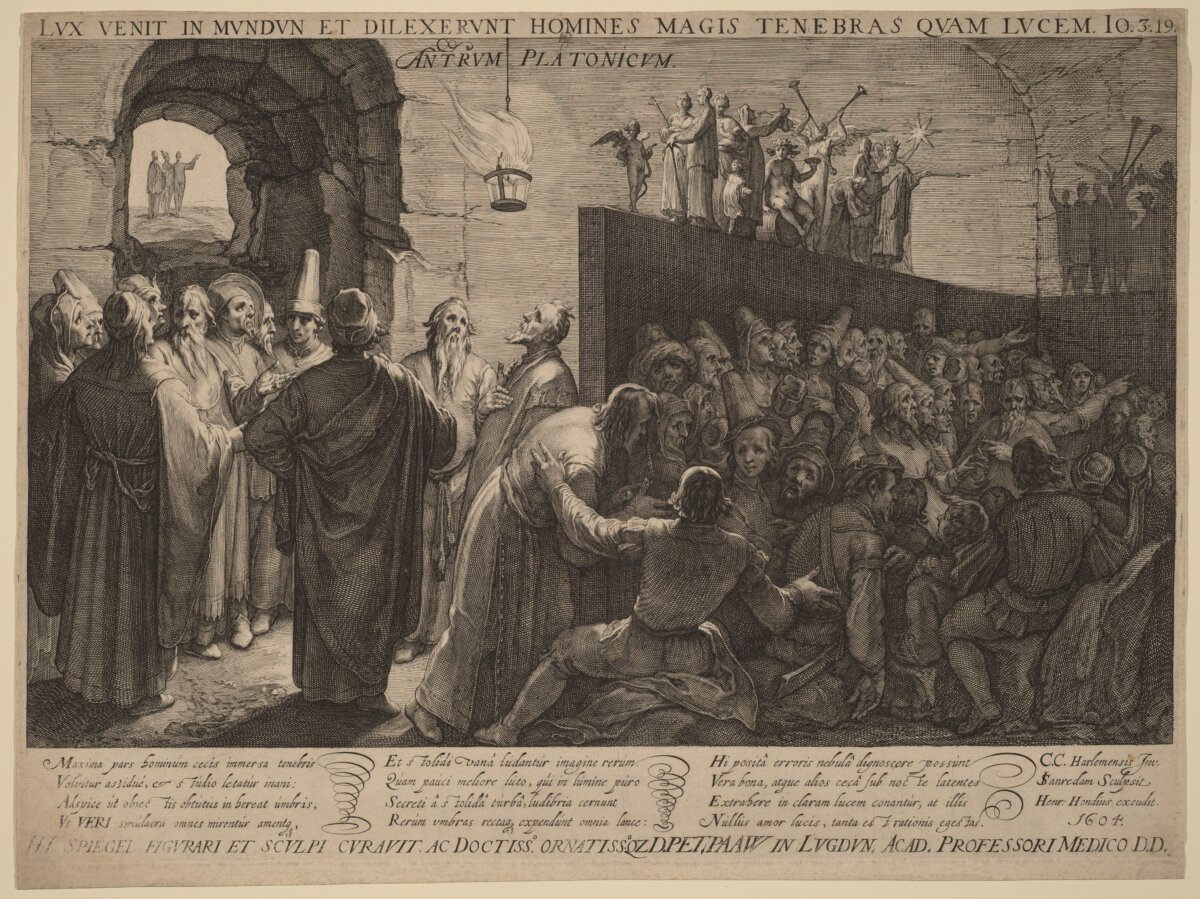 “Hang động của Plato,” 1604, họa sỹ Jan Saenredam. Tranh khắc, Bảo tàng Nghệ thuật Quốc gia, Hoa Thịnh Đốn. (Ảnh: Tư liệu công cộng)