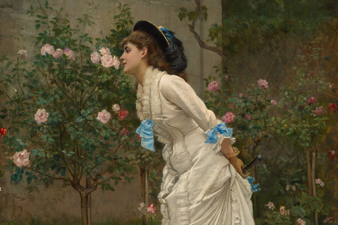 Cận cảnh bức tranh “Woman and Roses” (Cô Gái và Hoa Hồng), năm 1879, của họa sỹ Auguste Toulmouche. (Ảnh: Tư liệu công cộng)