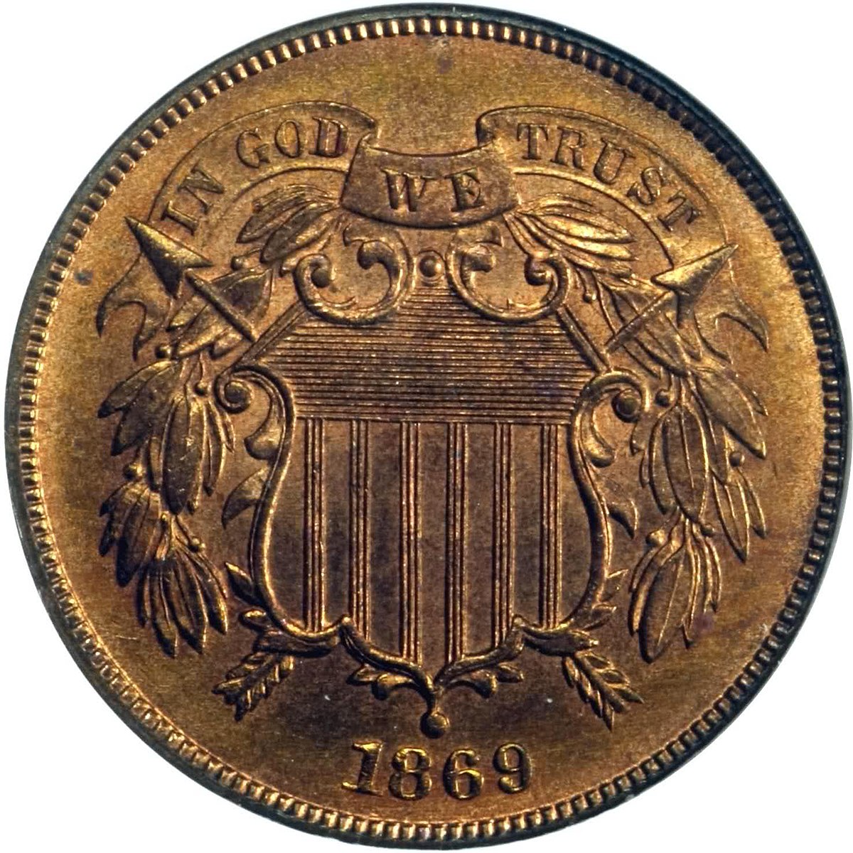 Đồng hai cent là đồng xu Mỹ đầu tiên được đúc với câu “Chúng ta tin vào Thượng Đế” (In God We Trust). (Ảnh: Tư liệu công cộng)
