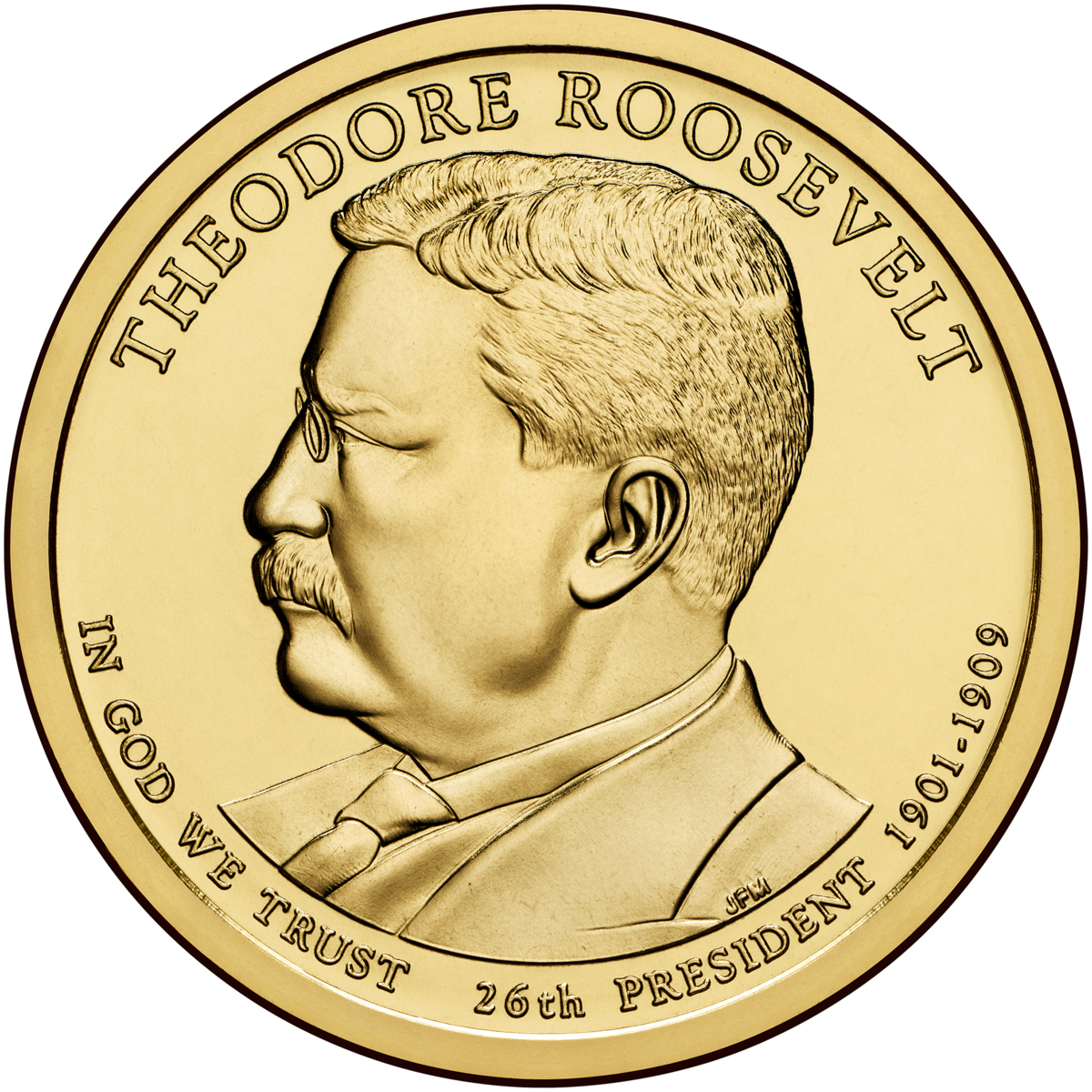 Khá trớ trêu khi Tổng thống Theodore Roosevelt được người ta tưởng nhớ bằng cách [khắc hình ông] trên đồng xu có khắc dòng chữ “Chúng ta tin vào Thượng Đế,” bởi vì vị cựu Tổng thống này từng lên tiếng phản đối việc đặt một “câu trang trọng” như vậy lên tiền xu. (Ảnh: Tư liệu công cộng)