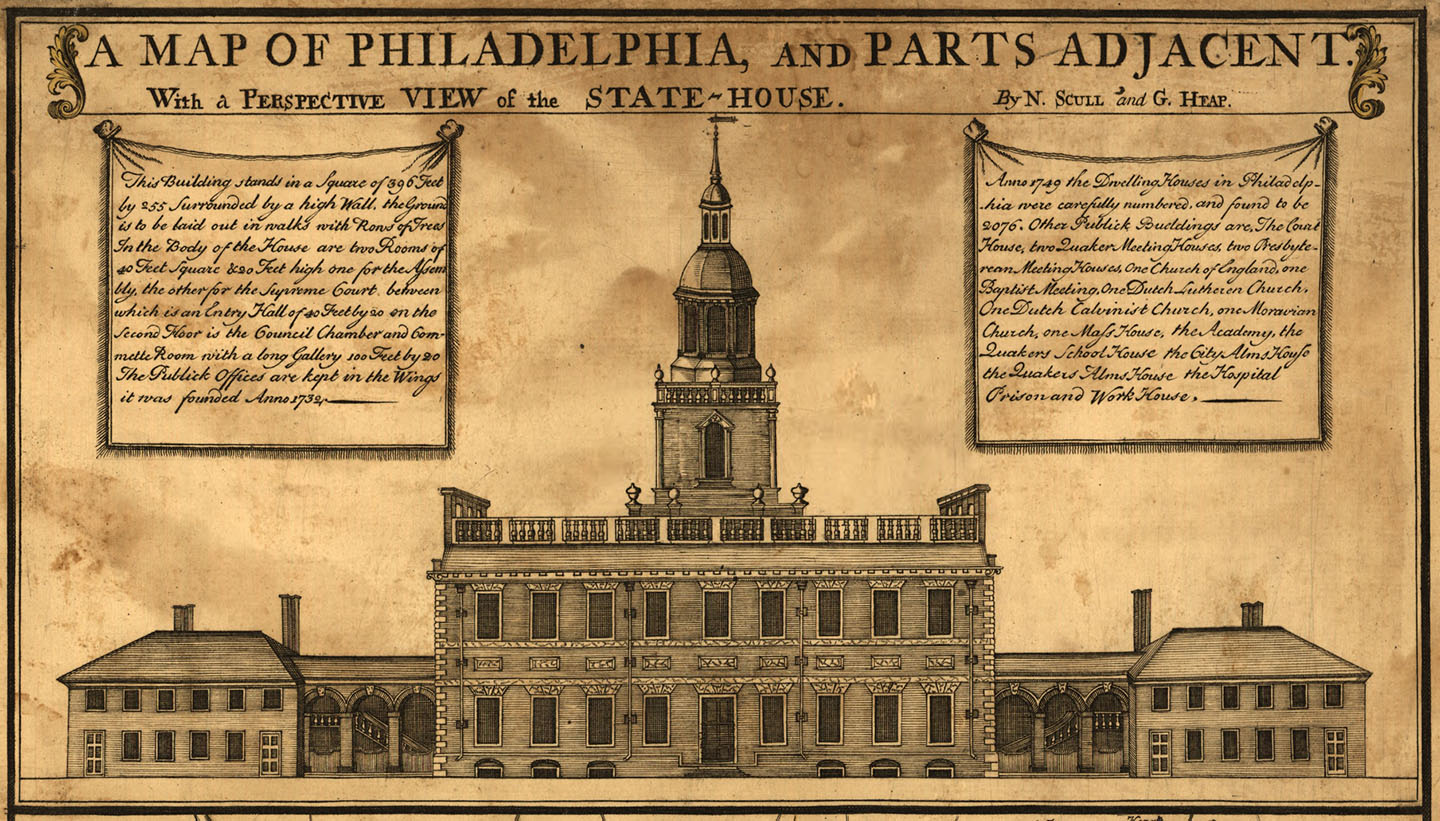Một bản đồ mô tả chi tiết mặt đứng phía Bắc của Tòa nhà Tiểu bang Pennsylvania (Tòa nhà Độc lập) ở Philadelphia, năm 1762, do N. Scull và G. Heap vẽ. (Ảnh: Tư liệu công cộng)