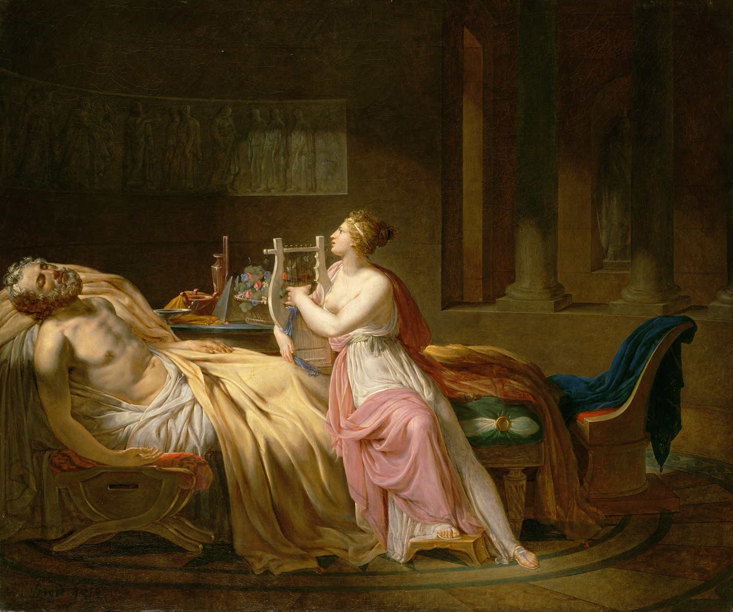 Bức tranh “Calliope Mourning Homer” (Nàng Calliope Khóc Thương Thi Hào Homer) của họa sỹ Jacques-Louis David, năm 1812. Sơn dầu trên vải canvas. Bảo tàng Nghệ thuật Harvard, Cambridge. (Ảnh: Tư liệu công cộng)