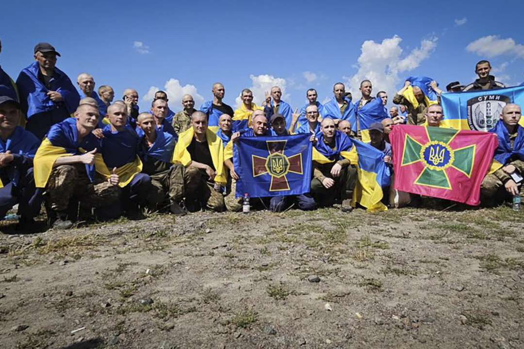 Các binh lính Ukraine cầm cờ của đơn vị sau một cuộc trao đổi tù nhân tại một địa điểm không được tiết lộ ở Ukraine. (Ảnh: Văn phòng Báo chí Tổng thống Ukraine qua AP)