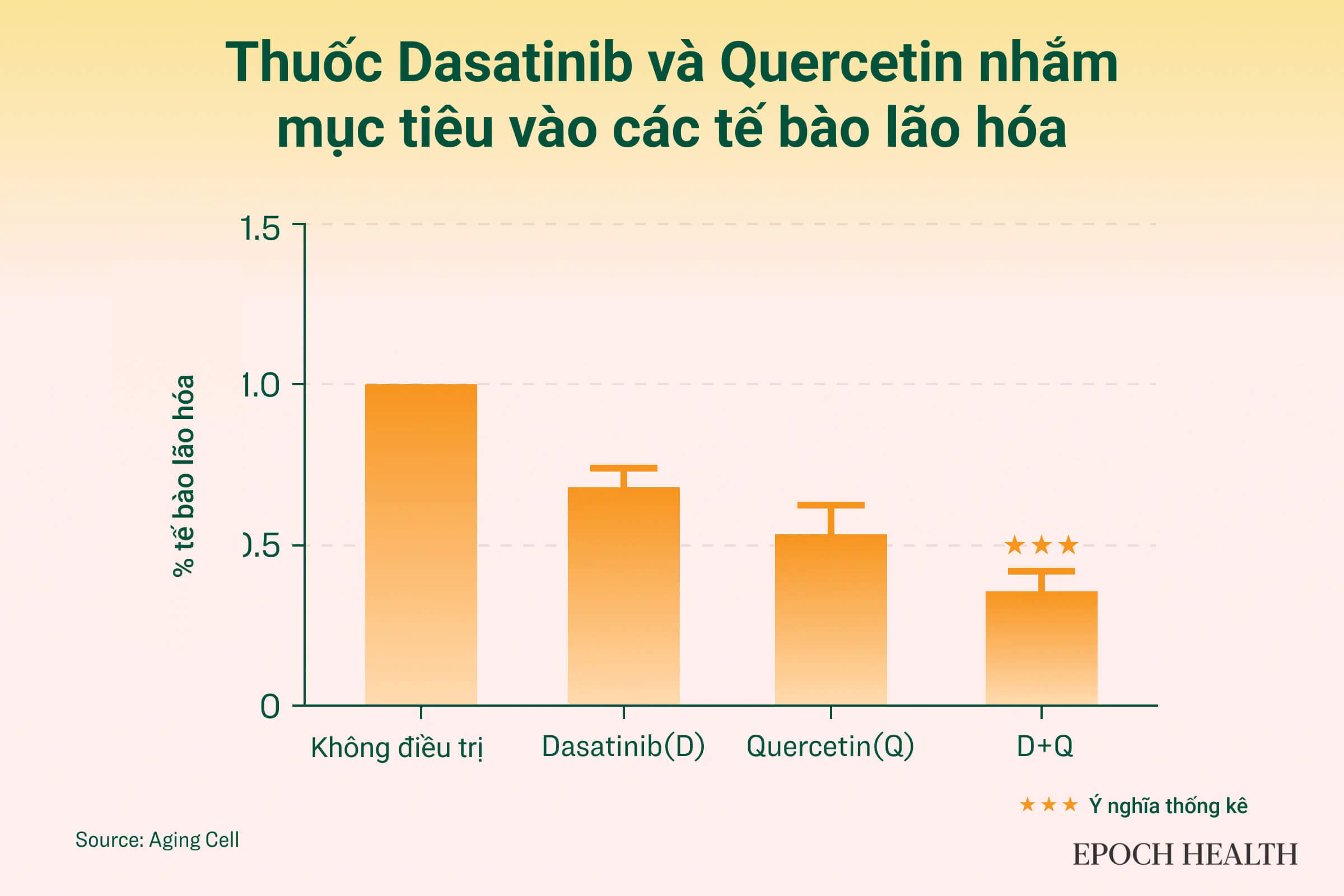 Dasatinib ở 250nM, quercetin ở 50μM, hoặc dasatinib 250nM với quercetin ở 50μM (D+Q), ảnh hưởng đến tỷ lệ tế bào lão hóa trong mô hình nguyên bào sợi phôi chuột. (Ảnh: The Epoch Times)