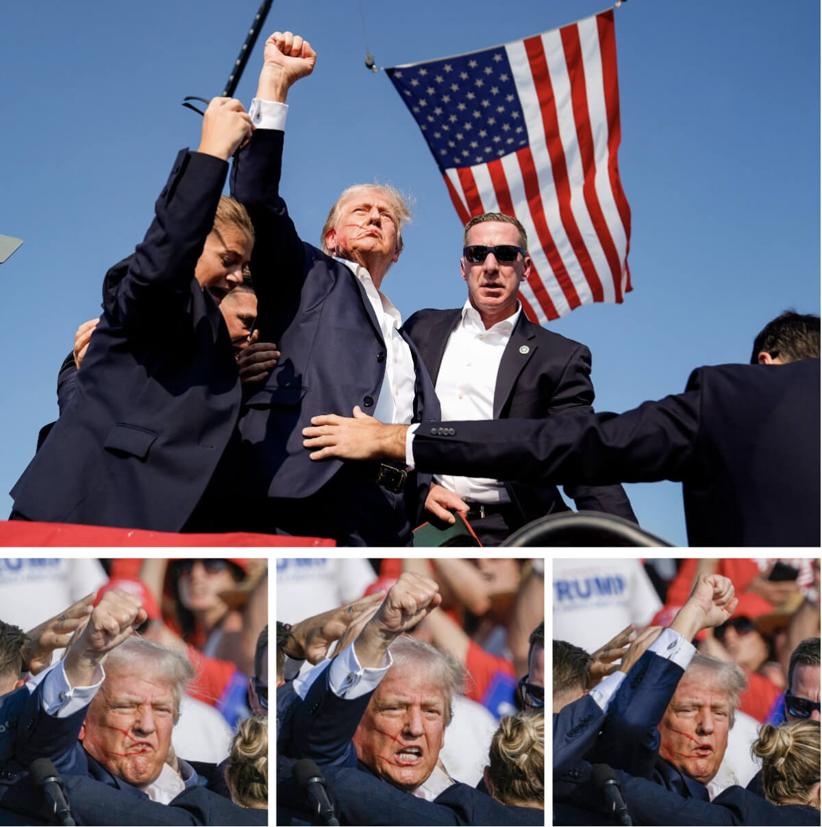 Các nhân viên Sở Mật vụ Hoa Kỳ vội vã bảo vệ cựu Tổng thống Donald Trump sau khi những phát đạn bắn ra nhắm vào ông. Khi cựu tổng thống đứng lên, ông giơ nắm tay về phía đám đông, và có vẻ như đang nói: “Chiến đấu, chiến đấu, chiến đấu!” (Ảnh: Evan Vucci/AP Photo, Jeff Swensen/Getty Images)