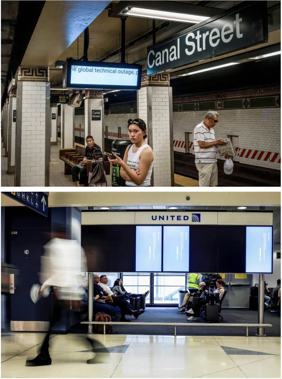 (Ảnh trên) Một màn hình thông báo cho hành khách rằng không có thông tin về chuyến tàu do vụ trục trặc kỹ thuật toàn cầu, tại ga tàu điện ngầm ở thành phố New York, hôm 19/07/2024. (Ảnh dưới) Mọi người đi ngang qua màn hình thông tin chuyến bay trong thời gian ngừng hoạt động ở Phi trường Quốc tế Chicago O’Hare, hôm 19/07/2024. Các công ty trên toàn thế giới đã bị ảnh hưởng bởi tình trạng ngừng hoạt động do phần mềm cập nhật mà CrowdStrike phát hành bị lỗi. (Ảnh: Adam Grey / Getty)