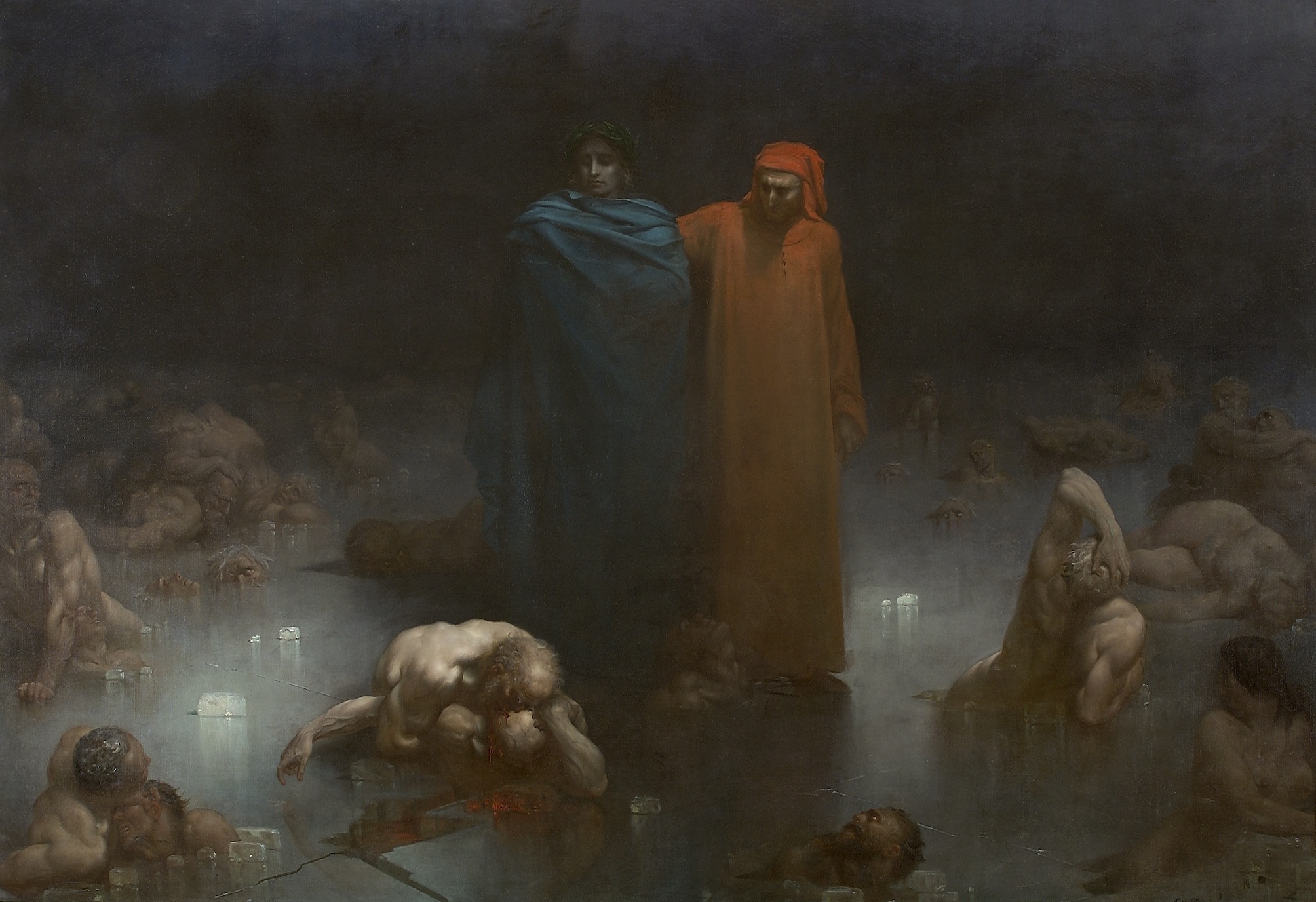 Bức tranh “Dante and Virgil in the Ninth Circle of Hell” (Dante và Virgil ở Vòng Địa Ngục Thứ Chín) của họa sỹ Gustave Doré, năm 1861. Sơn dầu trên vải canvas. Bảo tàng thành phố Bourg-en-Bresse, Auvergne-Rhône-Alpes, Pháp quốc. (Ảnh: Tư liệu công cộng)