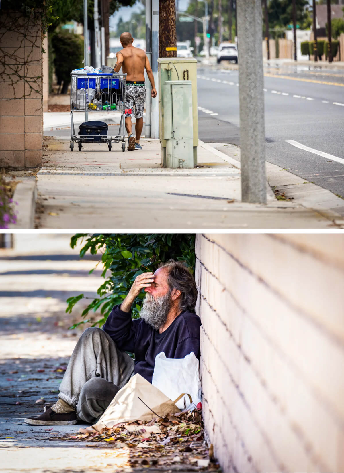 (Ảnh trên) Một người đàn ông vô gia cư đi bộ cùng với hành lý của mình dọc theo một con phố ở Santa Ana, California, hôm 15/07/2024. (Ảnh dưới) Một người vô gia cư nghỉ ngơi bên một con đường đông đúc ở Santa Ana, California, hôm 15/07/2024. (Ảnh: John Fredricks/The Epoch Times)